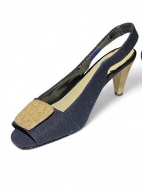 Impo Black Slingback Peep-Toe Heels with Cork Accents